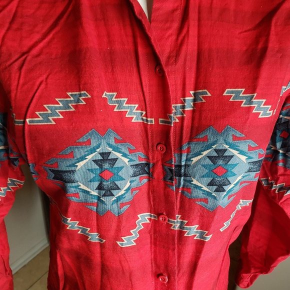 EUC Roper Western Shirt - Aztec Symbols on Muted Red Stripes - Women Size Small - Picture 9 of 9